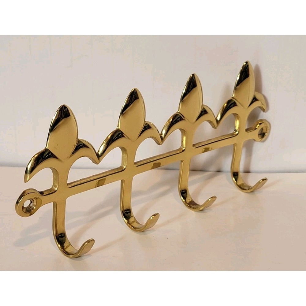 Solid Bright Shiny Brass 4 Hook Key Ring Holder Bathroom Robe Towel Entry Hanger